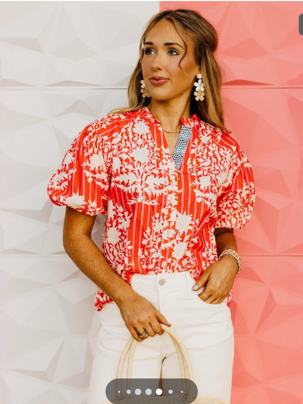 THML Floral Stripe Puff-Sleeve Top - Orange/Ivory/Navy - Small- NWT